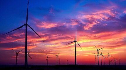 Energy turbines on a wind farm against a sunset backdrop