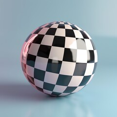 A checkered ball with a black and white pattern. The ball is shiny and reflective, giving it a modern and sleek appearance. The checkered pattern adds a sense of nostalgia and timelessness to the ball