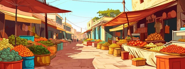 Fototapeta premium Indian outdoor street market, bazaar or souk, cartoon illustration