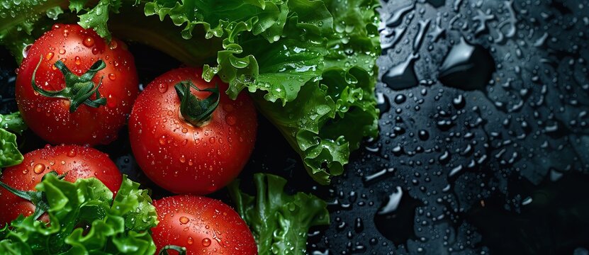 Fresh tomatoes and lettuce on dark wet background