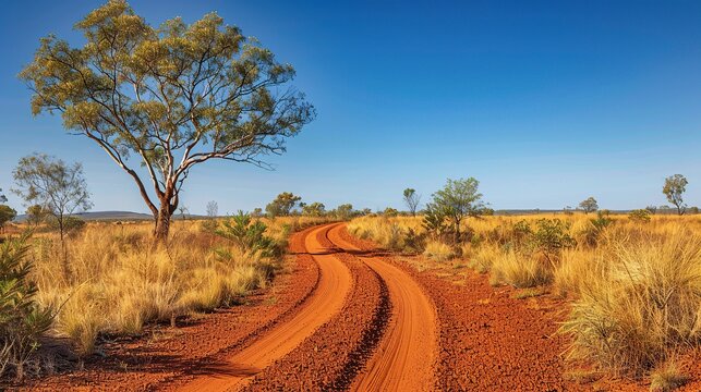 Red dirt road in the Australian outback under clear blue sky