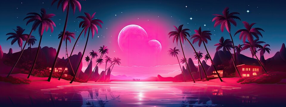 love island cartoon illustration with neon light - Powered by Adobe