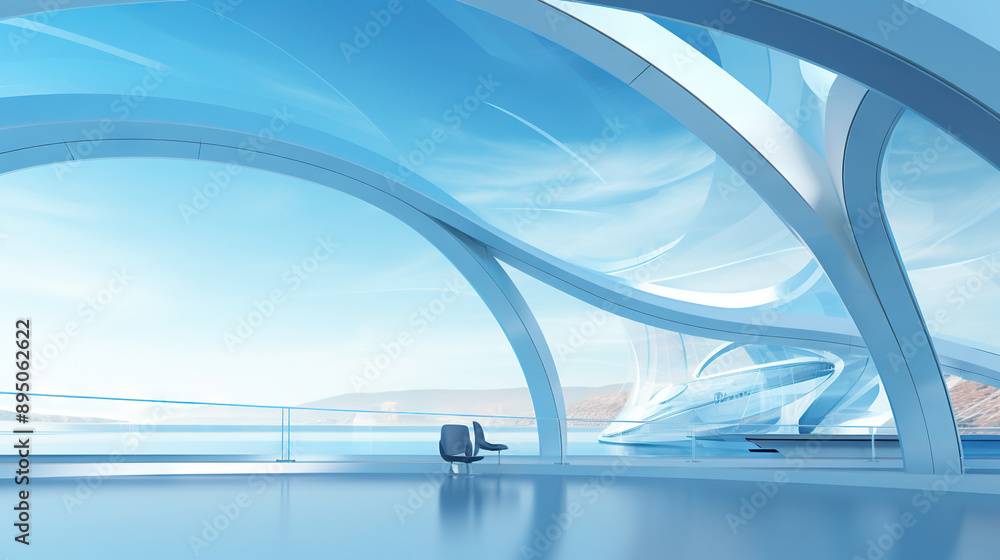 Poster Abstract architecture scene with smooth curves. Abstract background with futuristic building in white and blue colors.