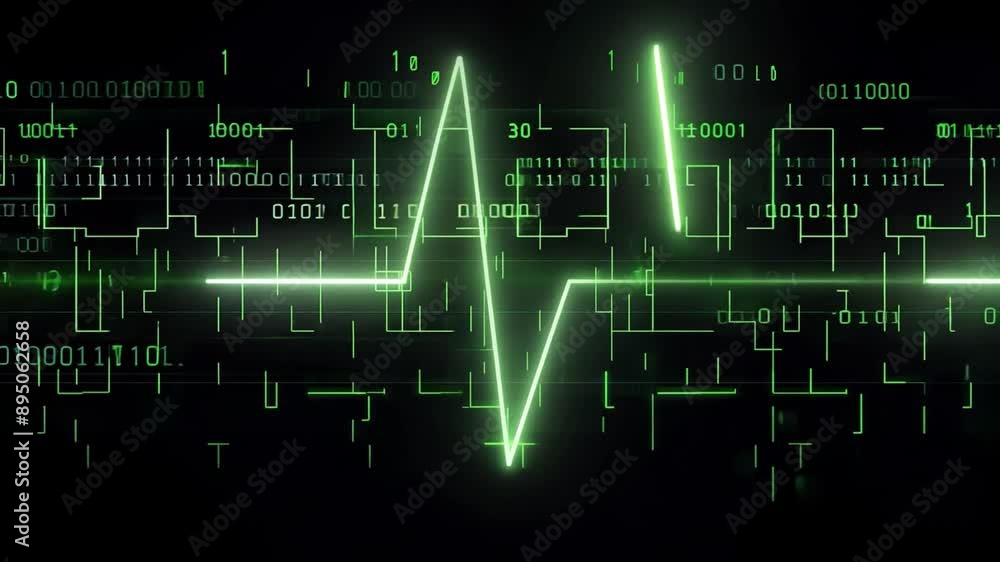 Poster A bright green line cuts through a dark background with binary code.