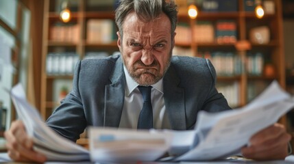 A middle-aged man with gray hair and beard, wearing a white shirt, gray vest, and dark blue tie, sits at a desk piled with papers and looks frustrated.