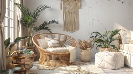 Chic living room with rattan chair, tropical plants, macrame decor, and elegant accessories.