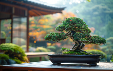 Miniature bonsai tree in a traditional japanese garden at sunset, creating a peaceful and zen atmosphere