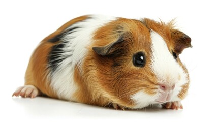 Guinea Pig White Background. Pedigreed Pet Lying in Front View, 3 Years Old