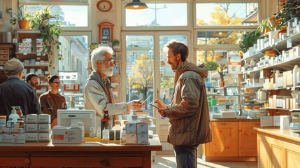 Image shows a pharmacy scene with a pharmacist in conversation with a customer. Warm atmosphere, natural light, shelves filled with medicines, and other people present.