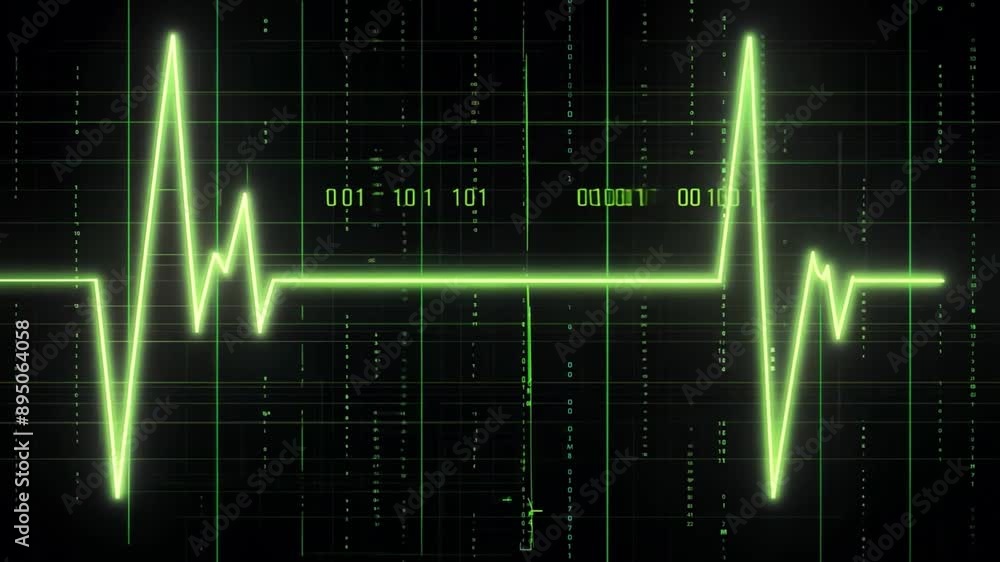 Poster A green line representing a heartbeat is displayed on a digital monitor with binary code displayed on the screen.