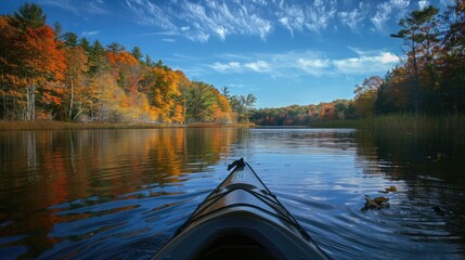 Naklejka premium Maine River. Kayaking on Fall Lake with Scenic Autumn Landscape
