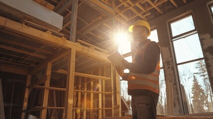 Fototapeta premium A worker in yellow helmet oversees construction, holding blueprint in serene forest backdrop under natural light. Safety, planning, and adherence to specs crucial for successful building completion.