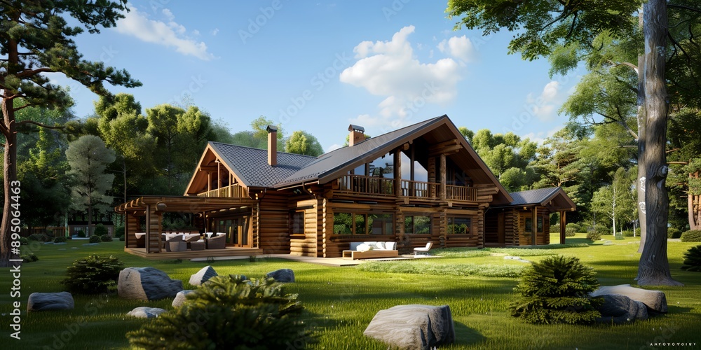 Poster a large house with a lot of trees in the background. the house is surrounded by a large yard with a 