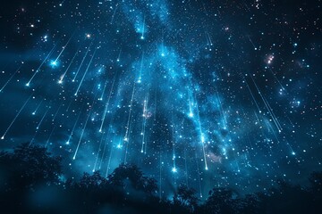 Starry night sky with prolific meteor shower streaking across stars, silhouette of trees and forest. Beautiful Summer Perseid meteors, shooting stars on expanse of dark blue, black sky.