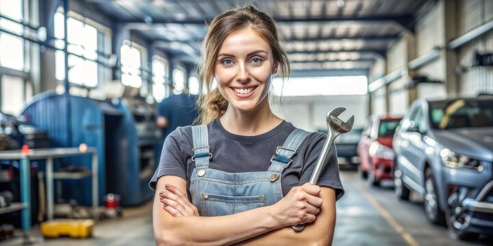 A woman mechanic holding a wrench in a car repair shop working on a vehicle - Powered by Adobe