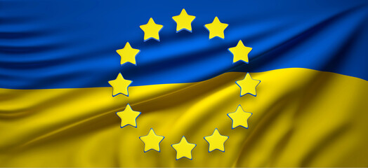 Fototapeta premium the waving flag of Ukraine, Ukrainian flag and the stars of the European Union, EU Europe, combined, stars as a creative rounded icon symbol overlay