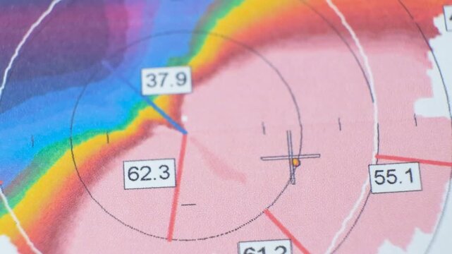 Results of the examination of the thickness and curvature of the cornea in a patient with keratoconus.