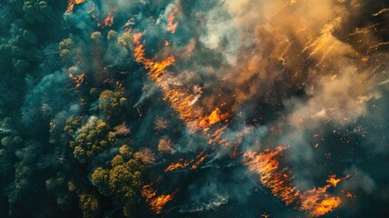 Obraz premium Wildfire Aerial. Deforestation and Climate Change Concept. Satellite View of Wildfires and Weather Conditions