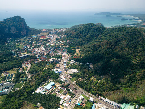 Aerial view of Ao Nang and coastline with the Andaman Sea, Krabi, Thailand; Ao Nang, Krabi, Thailand