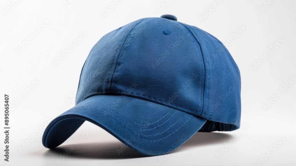 Sticker Blue Baseball Hat. Front and Back View of Empty Cap on Clean Cotton Background