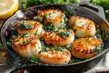 Grilled Scallops. Dinner Dish with Fresh Seafood in Garlic Butter, Served in a Skillet