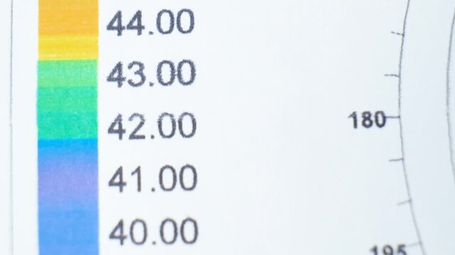 Results of the examination of the thickness and curvature of the cornea in a patient with keratoconus.
