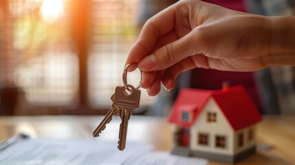 Close-up of two hands exchanging house keys, symbolizing real estate transactions or new home ownership.