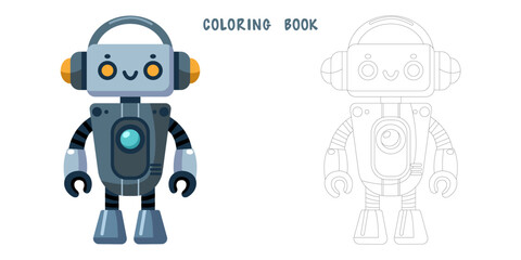 Coloring book of cheerful funny cartoon children's robot. Coloring page of cute cyborg, futuristic modern bot, android, smiling character in flat vector illustration isolated on white background.