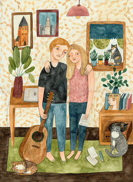 A couple standing in the living room with a guitar and plants and frames and cats