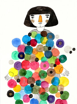 Girl in a very colorful dress made of dots
