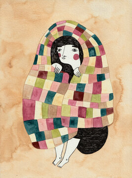 A watercolor painting of a girl wrapped inside a patchwork blanket
