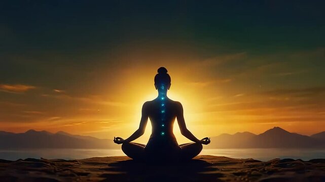 Silhouette of a meditating woman with zen energy, lotus body pose, sitting at a sea, spiritual journey, animated video loop