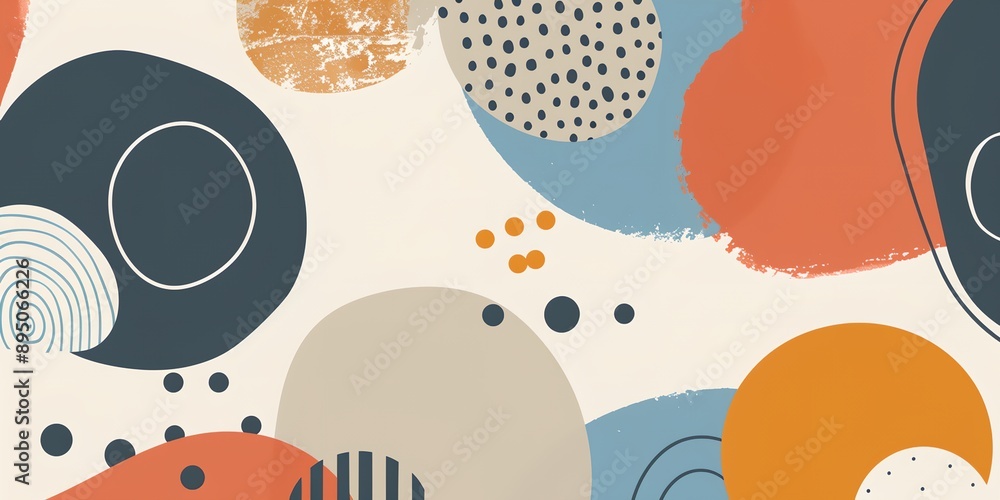 Poster a colorful abstract painting with many different shapes and patterns. the painting is full of energy