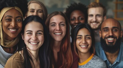 Obraz premium Group of diverse friends smiling and posing together in a cheerful, indoor setting.
