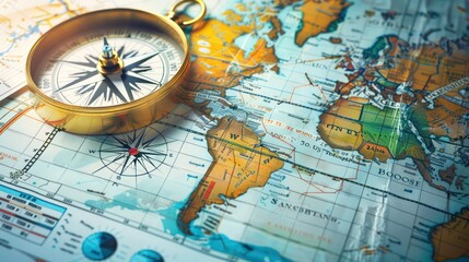 symbolic image of budget forecasting with a large compass on top of a financial map, directing towards various financial goals