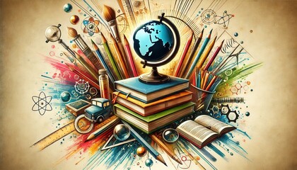 A vibrant artistic composition featuring books, a globe, pencils, and various educational tools and scientific elements.

