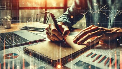 A person writing in a notebook surrounded by a laptop, charts, and graphs, with a digital overlay of data and analytics.

