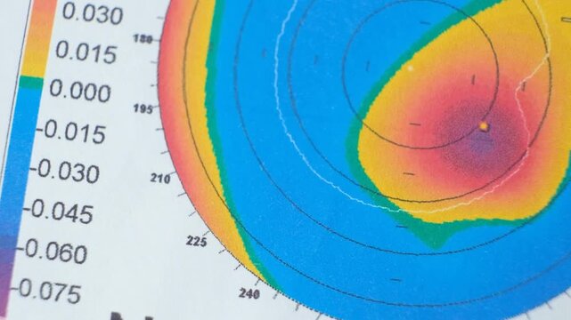 Results of the examination of the thickness and curvature of the cornea in a patient with keratoconus.