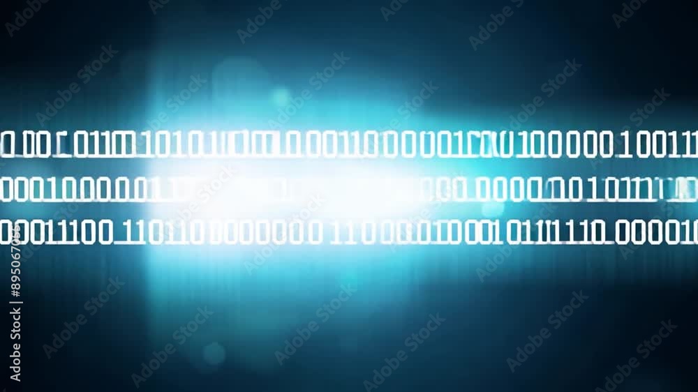 Poster A bright blue screen with white binary code scrolling across it.