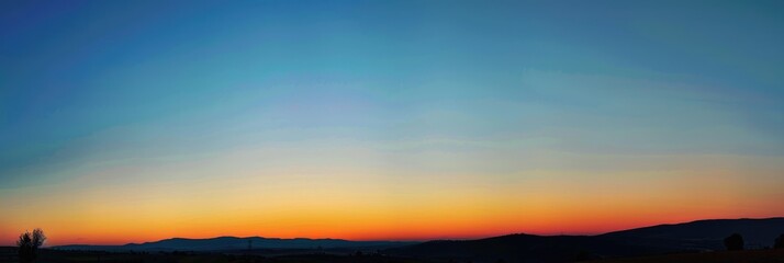 Cloudless Sunset. Panoramic Dusk Sky View with Sun Setting in Nature Landscape