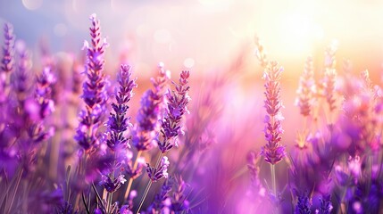 Fototapeta premium Blooming lavender fields on a sunny day. Nature, aroma, landscape. A picture of natural beauty and fragrant charm. 