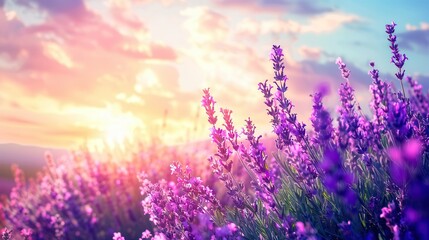 Naklejka premium Blooming lavender fields on a sunny day. Nature, aroma, landscape. A picture of natural beauty and fragrant charm. 