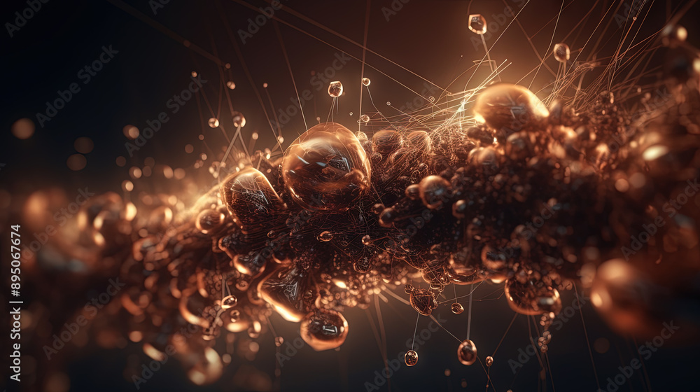 Poster Abstract burst of wires and particles on technology background. Scientific abstraction with mess of microscopic connections.