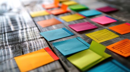 top view of a strategic planning session table with colorful sticky notes, each representing different budget sectors, no human parts visible