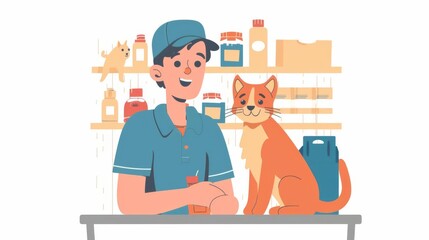 Pet store employee, flat design illustration, friendly, isolated on white background