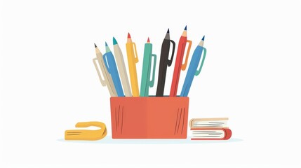 Pen holder, flat design illustration, organized, isolated on white background