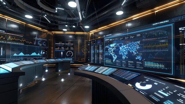 virtual reality setup in a financial tech lab where users can interact with 3D market analytics and simulations