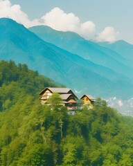 A house in the mountains surrounded by a picturesque mountain village and lush green landscape