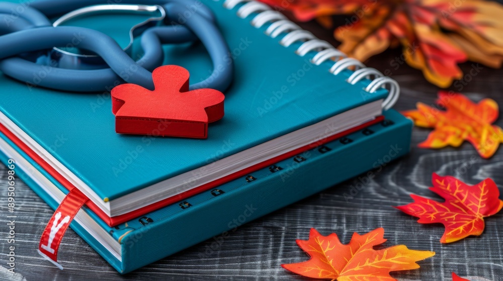 Wall mural a blue book with a red heart on it and a red leaf on the table