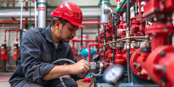 An engineer or technician is working checking the fire suppression system and fire fighting equipment. An engineer checks the red generator pump for sprinkler and fire alarm control lines.